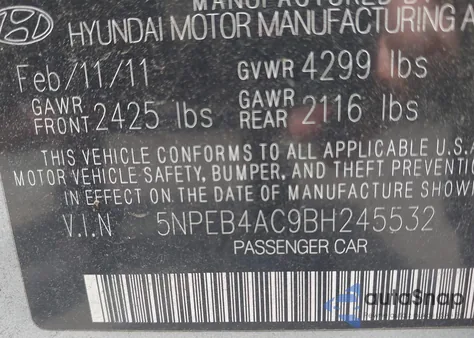 2011 Hyundai Sonata Gls из США, поврежденный, VIN 5NPEB4AC9BH245532